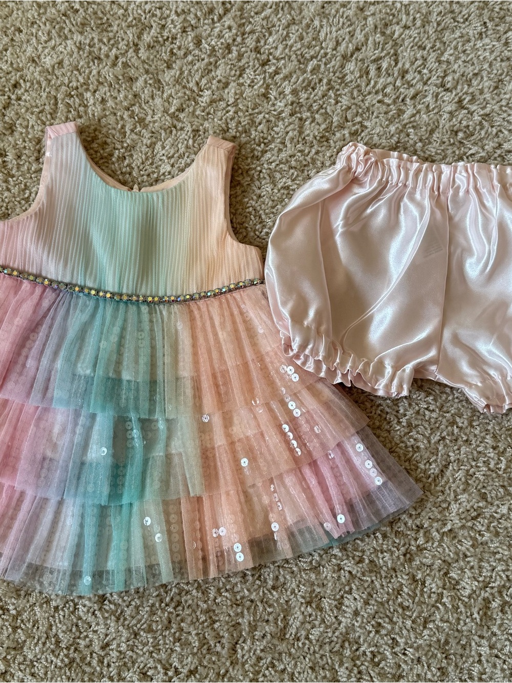Pastel Rainbow Tulle Dress with Pink Satin Bloomers - Kids Accessories